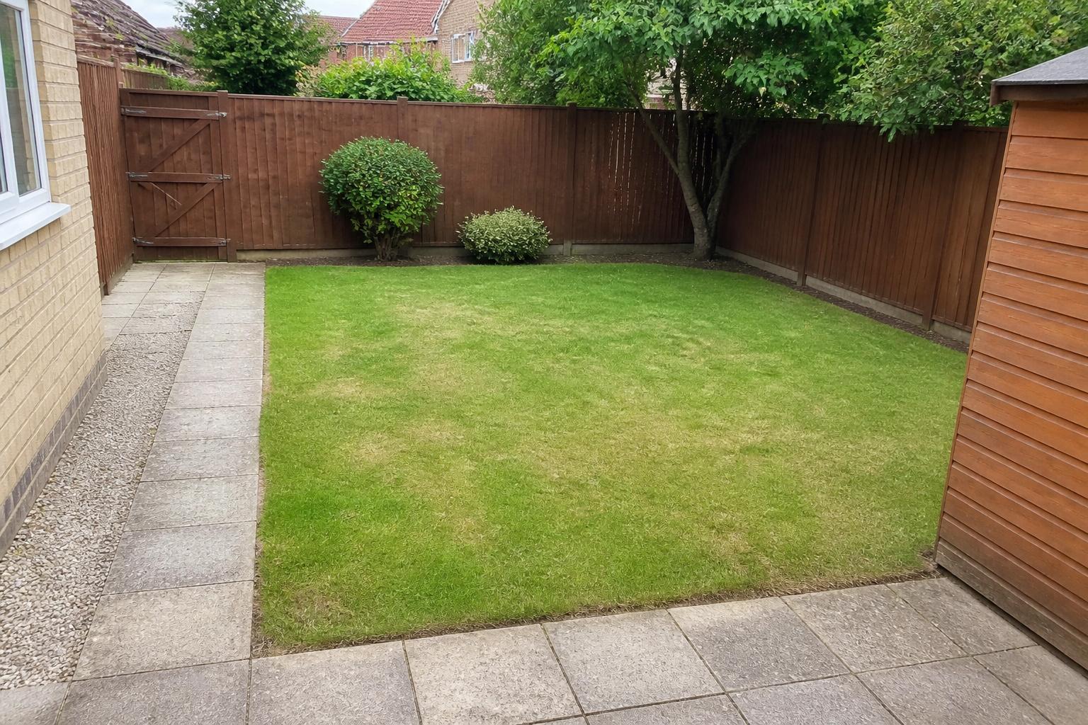 Tidy lawn and fence line after a complete garden clearance