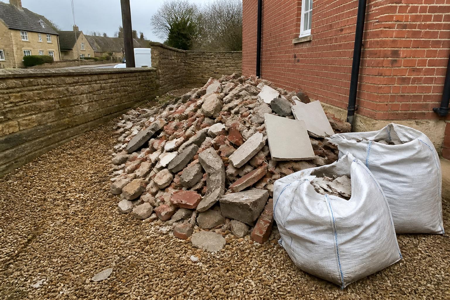 Broken bricks, concrete and rubble sacks beside a house before removal