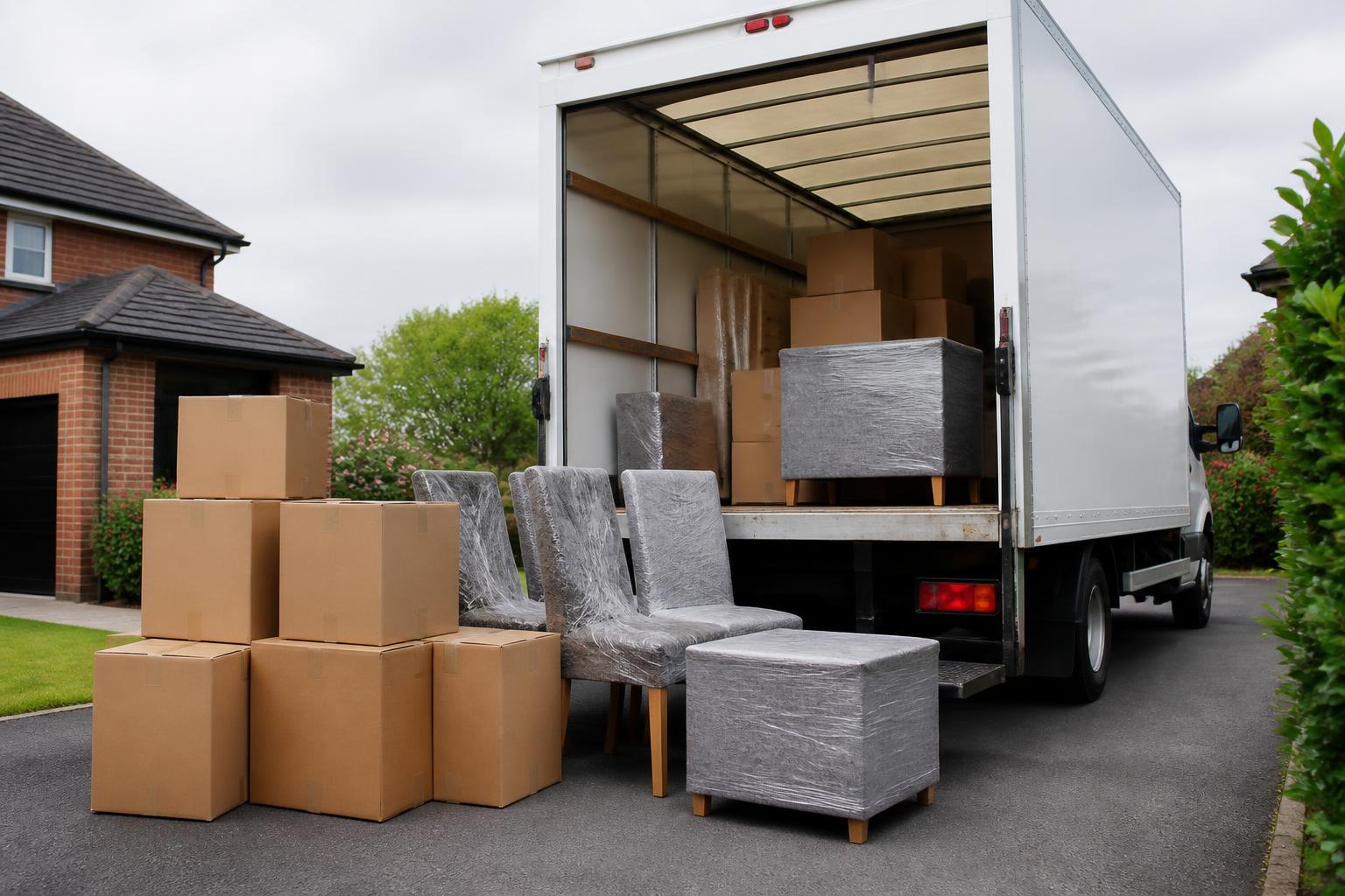 Wrapped furniture and moving boxes being loaded into a removals van