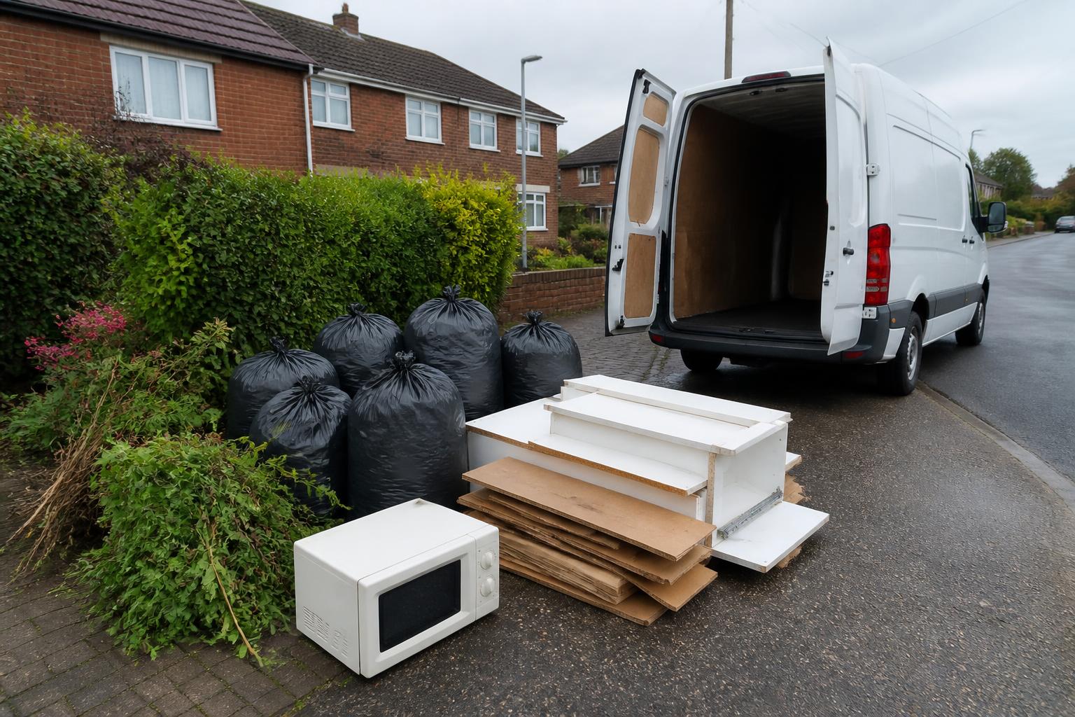 Household waste and garden trimmings gathered beside a van for a tip run